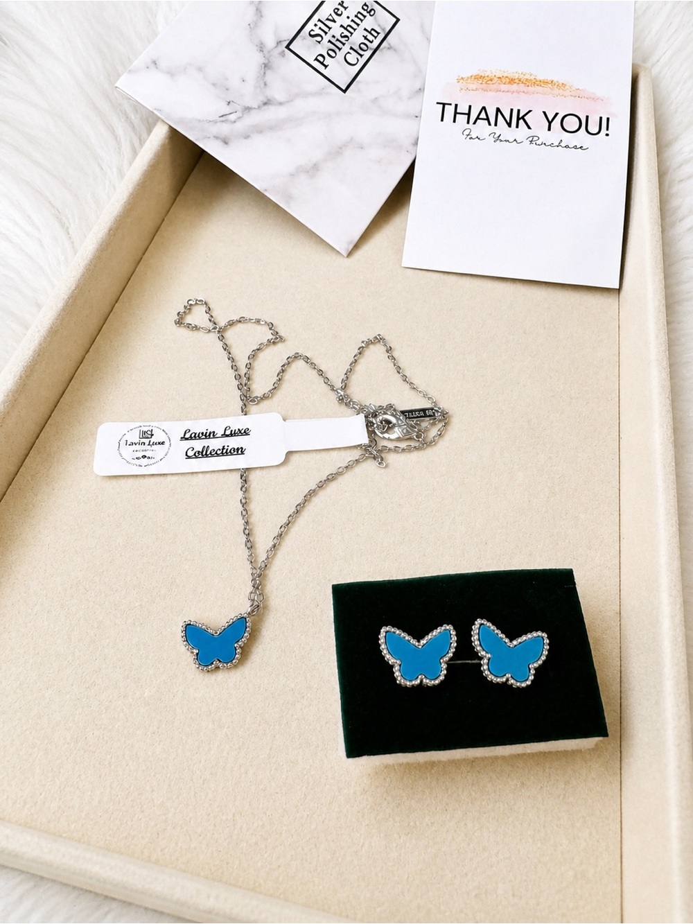 SET! Blue Butterfly Necklace & Stud Earrings  - Silver 925